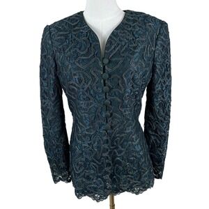 Vintage Liancarlo Lace Blazer 8 Green Soutache Evening Jacket Covered Buttons